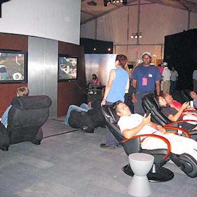Another sponsorship area featured massage chairs from the Sharper Image and video game stations.