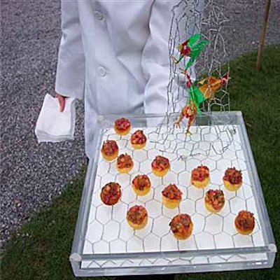 A tray of hors d'oeuvres was accented with chicken wire, a touch inspired by one of the art installations incorporating a caged chicken.