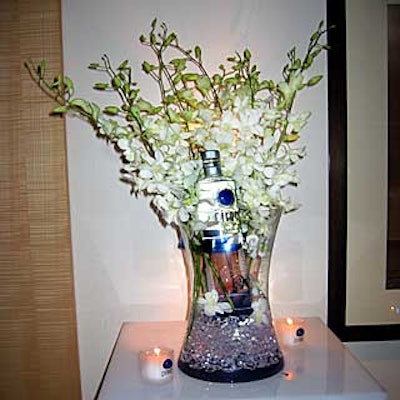 Clear glass vases held more than just flowers—in a clever touch of product placement, they also held bottles of Ciroc vodka, the event's alcohol sponsor.