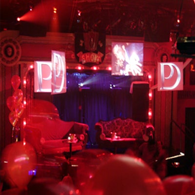 At P. Diddy's after-party following the MTV Video Music Awards, event producer Maneesh Goyal of MKG Productions placed two large couches on Show's stage, and suspended spinning screens for Ultravision's projections of images of P. Diddy and his initials. (Photo by Andrew Giammarco Photography)