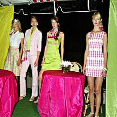 Fabrics in lime green and fuchsia, two of Lilly Pulitzer's signature colors, decorated the tented area at her fashion show and party at the Bryant Park Grill.