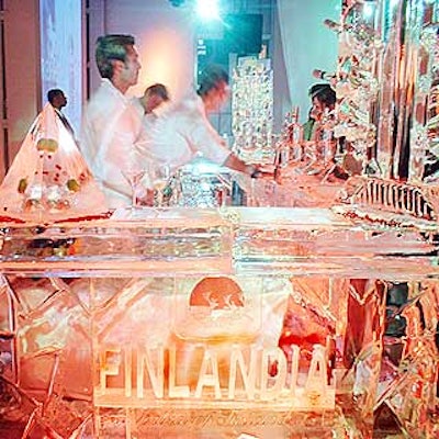 Ice Art's large, U-shaped ice bar featured the Finlandia logo and ice bottle racks displayed bottles of lime and cranberry-flavored vodka.