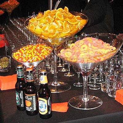 Restaurant Associates filled three giant martini glasses of varying sizes with fresh oranges, candy corn and apricot gummy rings, and placed them on all four corners of the main bar.