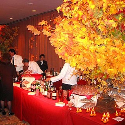 Tree branches with leaves in vibrant fall colors were accentuated by warm lighting from Lux Lighting.