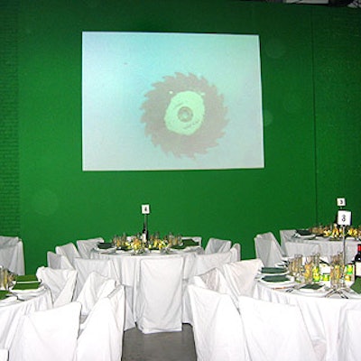 At the Dia Center for the Art's fall gala, Kevin Calica Presentation decorated the dining room with white tablecloths and chair slipcovers surrounded by grass-green walls.