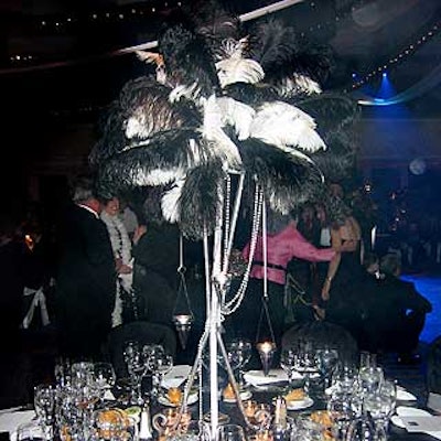 At the New York City Hotel and Motel Association's International Hospitality Ball at the Marriott Marquis, each table had black-and-white feathers or oversized martini glass vases that held floating candles and pearls.