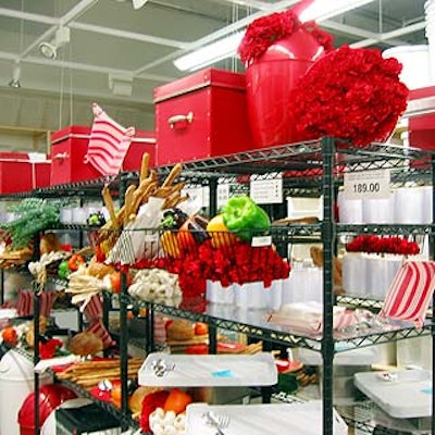 Food and flowers decorated the kitchenware aisle.