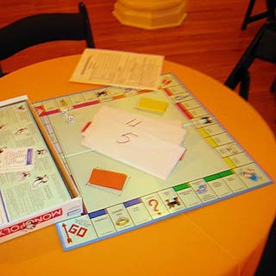 For the alumni of the New York University Real Estate Institute's annual Evening of Monopoly dinner, Carolyn Buckley of The Catering Company decorated the cocktail tables with Monopoly game boards.