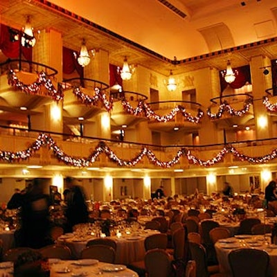 Christmas-y swags of greens and metallic ribbons hung from the balconies inside the Waldorf=Astoria's grand ballroom for Interior Design magazine's Hall of Fame awards.