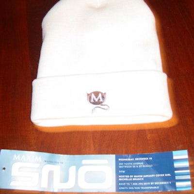 The event's unique invite, created in-house by Maxim's creative design team, was a white ski cap with a devil's tail snaking out of the bottom of the Maxim logo. And instead of a price, the tag on the hat carried the event info and served as an admission ticket.