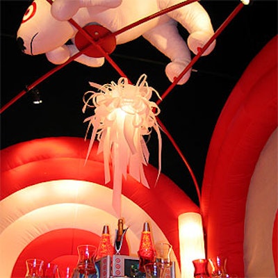 Event designer David Beahm created an all-red room for Target with inflatable walls, bull's-eye-branded pillows on the floor and a low table set with lava lamps and flat-screen monitors.