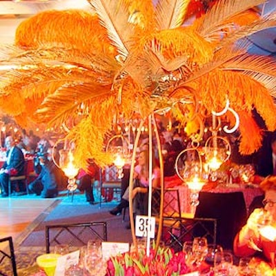 Total Entertainment created brightly colored palm tree centerpieces for the hospitality marketing company Krisam Group's Ultra Lounge promotional event at Pier Sixty.