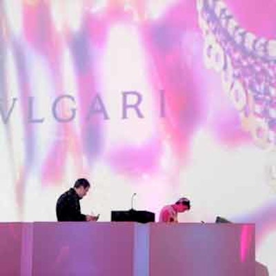 Bulgari's logo was projected onto the wall behind the DJ booth at Paris Studios.
