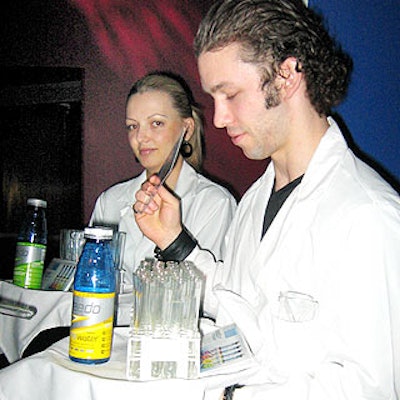 To match the laboratory theme of the launch, caterwaiters dressed in lab coats offered samples of Speedo's new sports water in test tubes.