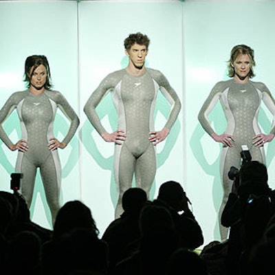 Olympic swimmers Amanda Beard, Michael Phelps and Jenny Thompson struck mutant superhero poses at the launch event and press conference for Speedo's FastSkin II swimsuit at Pressure.