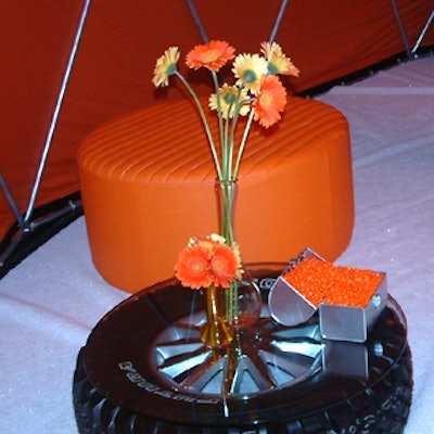 M&M's that coordinated with tent colors rested on side tables built from Mag wheels.