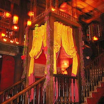 For Virgin Records' release party at Spice Market for Janet Jackson's new album, Damita Jo, the stairs leading to the lounge featured a two-story pagoda-like fixture dressed with silk curtains and exotic flowers.