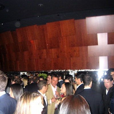 Wood panels compose the wall above Blvd's main bar.
