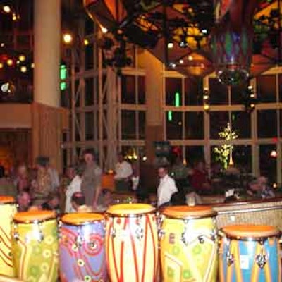 Bongos?permanent fixtures at the venue?served as decor and music makers inside the main room of the cafe.