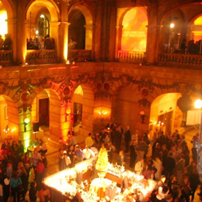 Food & Wine hosted its annual Best New Chefs party at the Surrogate's Court building. At the center of the large central bar was an intricate sculpture made of flowers, vegetables and fruit.