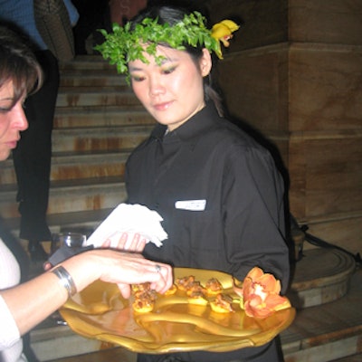 Mood Food's caterwaiters wore garlands around their heads to match the event's springtime theme.