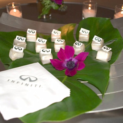 Match Catering and Eventsyles created white chocolate petit fours branded with the Infiniti logo for the carmaker's Auto Show event.