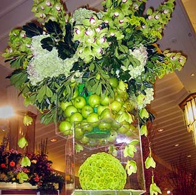 Going for an all-green look, Jane Packer—whose bouquet launched the show on April 4—used clear cubes filled with green apples and spheres of carnations and green chrysanthemums. On the top was a spray of green hydrangea and cymbidium orchids. At the base, wheat grass, hydrangea and hellebores filled out the arrangement.
