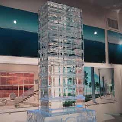 Mammoth ice sculptures and renderings of the building are sometimes part of the decor, as featured here, created by Ice Magic.