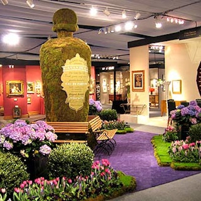 At the New York International Art & Antiques Show, David Monn designed a massive perfume bottle topiary for the launch of Penhaligon's Lavandula scent for women.
