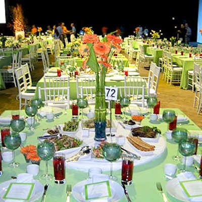 Lazy susans sat atop spring green table linens in the dining room at the 69th Regiment Armory for the Safe Horizon awards luncheon.