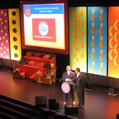 Vividly painted fruit backdrops decorated the stage at the James Beard Foundation's awards show at the Marriott Marquis. Mario Batali (left) and Nobu Matsuhisa presented some of the KitchenAid Cookbook awards.