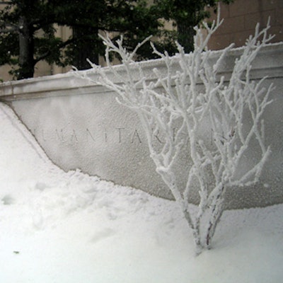 In front of the museum, flocked trees emerged from piles of man-made snow.