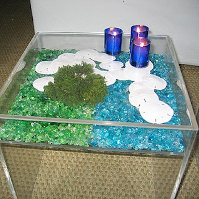 Blue and green pebbles and sand dollars decorated the insides of the low Lucite tables at the International Watch Company Schaffhausen and the Cousteau Society's party for the 'Engineers of the Sea' exhibition at the Time Warner Center.