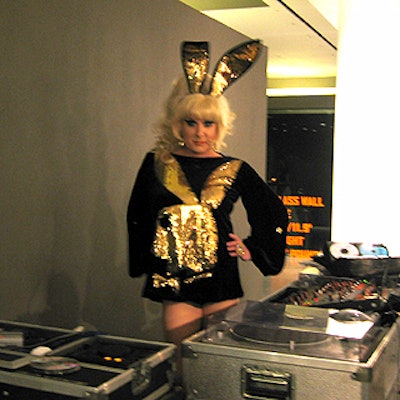 A bunny who won't appear as a Playboy centerfold anytime soon, DJ Lady Bunny wore a black dress with a gold-sequined Playboy bunny.