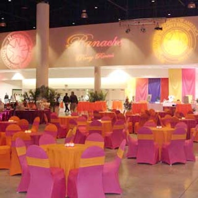 Raspberry and tangerine spandex-covered chairs provided a colorful, comfortable place to eat.