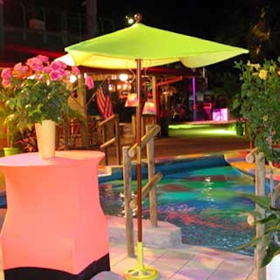 Spandex tops added color to standing cafe umbrellas.