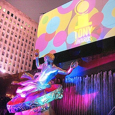 Bentley Meeker lit the Rink Bar at Rockefeller Center for the Tony supper ball and projected colorful circles and the Tony icon on screens and the surrounding tents.
