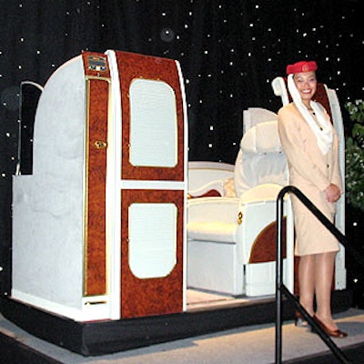 Flight attendants greeted guests arriving for Emirates' dinner at Cipriani 42nd Street and showed off a model of the airline's first-class cabin.