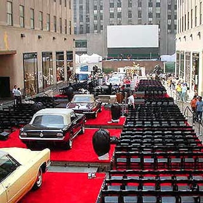 In Style staged outdoor movie screenings with rows of chairs and vintage convertibles as part of its 10th anniversary event at Rockefeller Center.