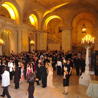 The centerpiece of the cocktail hour was a massive Swarovski peridot crystal curtain that hung in Astor Hall's center arch.