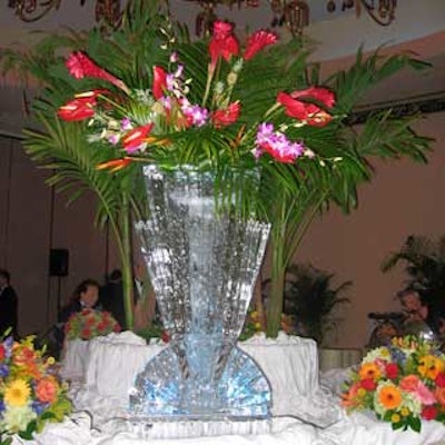 An ice sculpture doubling as a vase enhanced the buffet table at the Mayor's Ball.