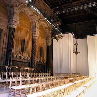 Long white drapes surrounded the backstage area of the catwalk for a dramatic look in Cipriani 42nd Street's main hall. (Photo courtesy of Loving & Co.)