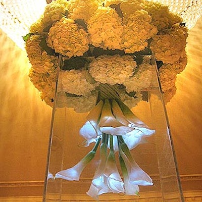 In the registration area, Design Fusion created a unique floral showpiece: White hydrangeas clustered at the top of a clear glass vase, in which inverted calla lilies glowed with blue LCD lights in the water.