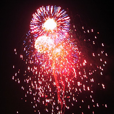 Partygoers celebrating the final performance of Cats watched a fireworks show by Fireworks by Grucci at Pier Sixty at Chelsea Piers.