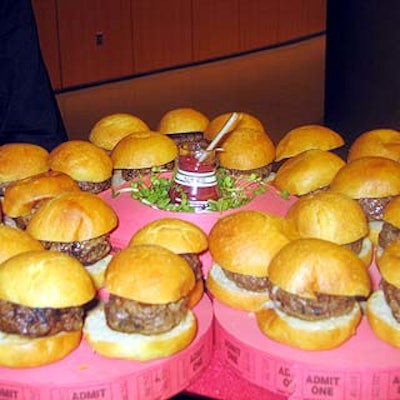 Sitting atop tiers of 'admit one' ticket rounds were mini turkey burgers with cheddar cheese in petite brioche buns.
