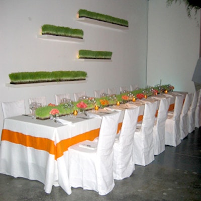 Bronson van Wyck covered all the tables with white Egyptian linens with a thick orange stripe. Centerpieces included wheatgrass, orange roses, poppy pods, Japanese eggplant and pepperberry.