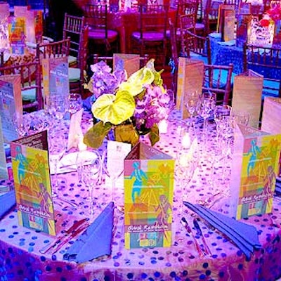 Circular tables were draped with blue, green, pink or purple cloths dotted with large sequins.