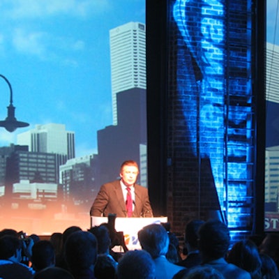 Alec Baldwin addressed the environmentally conscious crowd in front of a projection of the city and Enwave logo gobos.