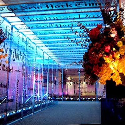 The New York Times decorated everything at its welcome reception at the new Jazz at Lincoln Center space, including a covered walkway leading to the Allen Room.