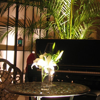 Spotlighted floral arrangements and lit palms created dark, mysterious spaces in the room.